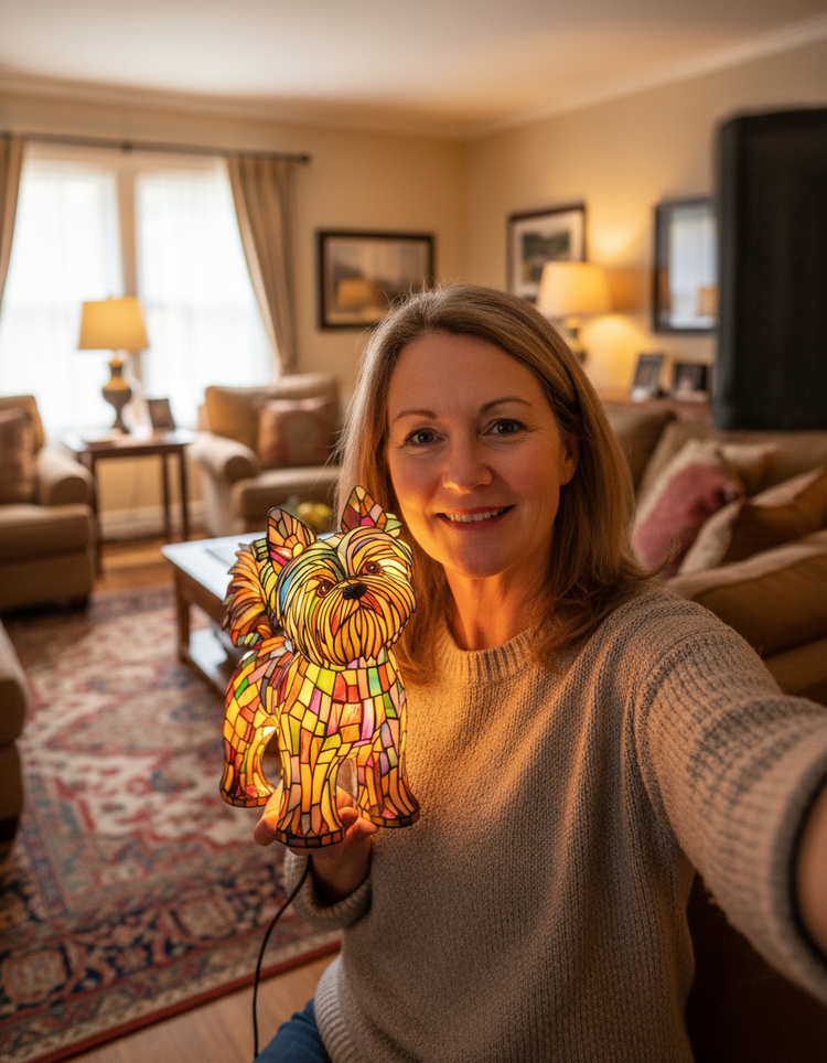 Woman holding a colorful stained glass dog lamp in a living room.